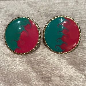 Vintage 90’s Gold Crown Rim Edge Pink and Green Earrings